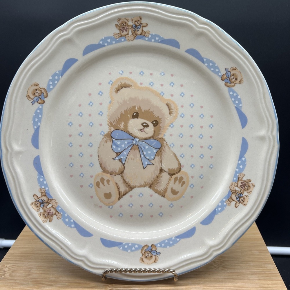 Vintage 2 Tienshan Theodore Country Teddy Bear Dinner Plates 10 1/2" Stoneware